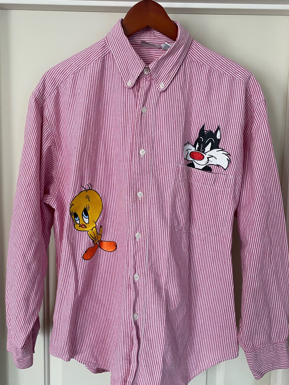 ACME Pink Striped Button-Down Shirt with Tweety & Sylvester Embroidery